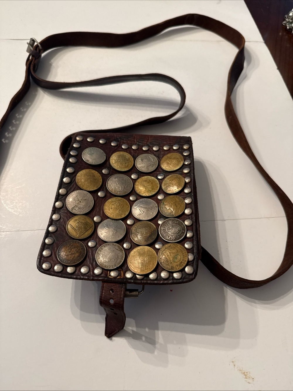 Vintage Moroccan Brown Leather Crossbody Coin-Studded Bag